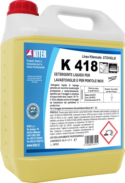 K418 Detergente liquido concentrato per macchine lavastoviglie professionali