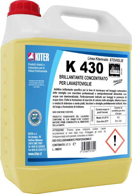 K430 Brillantante concentrato per la fase di risciacquo del lavaggio meccanico delle stoviglie
